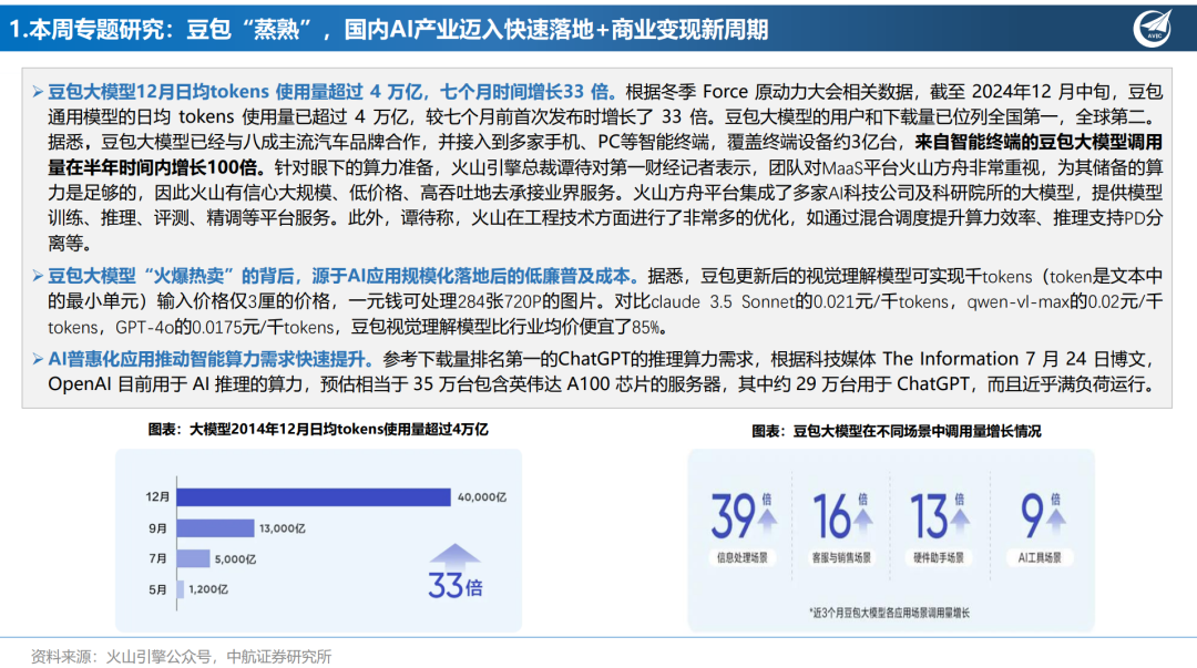 【中航先进制造行业周报】豆包“蒸熟”，国内AI产业迈入快速落地+商业变现新周期