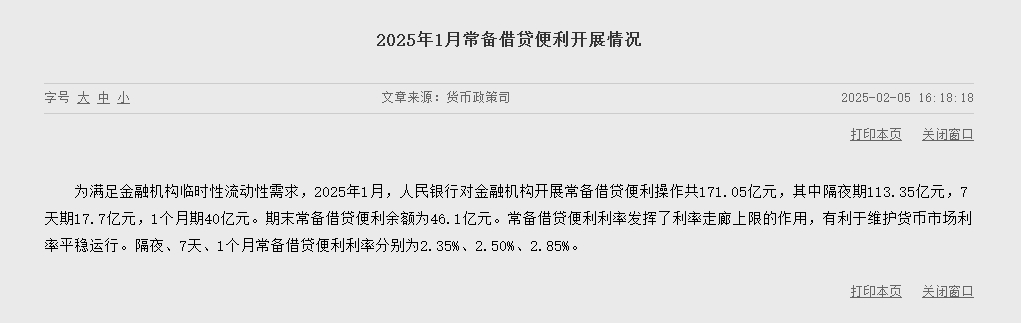 央行：1月对金融机构开展常备借贷便利操作共171.05亿元